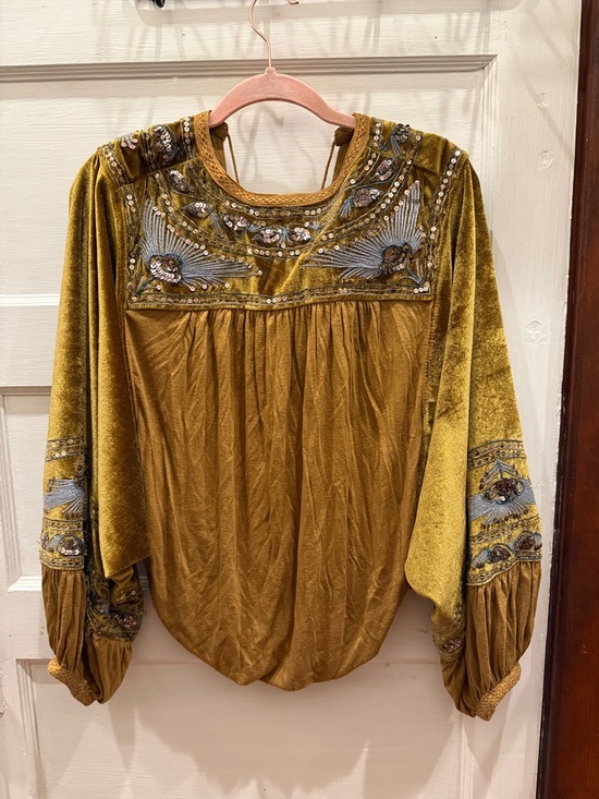 Free People Tops - Embellished Velvet Peasant Blouse in Mustard
